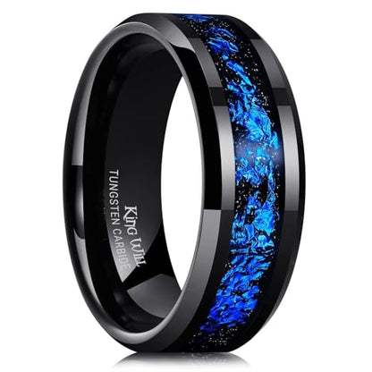 King Will Mens Wedding Band with Foils Inlay, Black/Silver/Gold Beveled Edge Glowstone Ring, 6mm/8mm Tungsten Carbide Rings Comfort Fit - color: Black&Blue-8mm