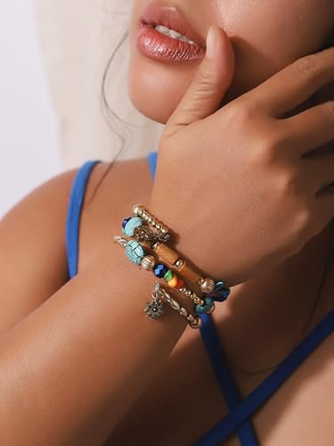 MINACHI Summer Boho Retro Style Multilayer Wrap Irregular Beads with Golden Flower Charm Bracelets, Blue Tone, Ethnic Jewelry for Women - style: Bracelet R17-015
