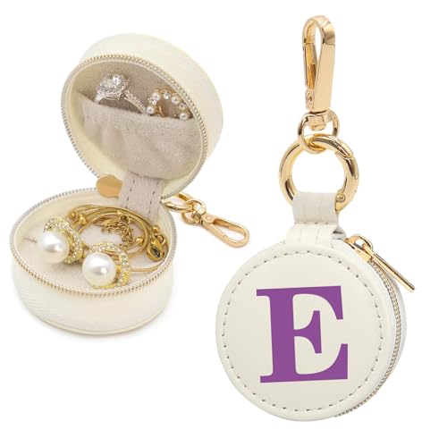Mini Initial Travel Jewelry Case Ring Holder, Beige Faux Leather Small Jewelry Organizer Box Gifts for Women Girls Nurse Teacher, Gym Travel Accessories Keychain Pouch for Earrings Rings Necklace E - color: Beige, size: Leather-E
