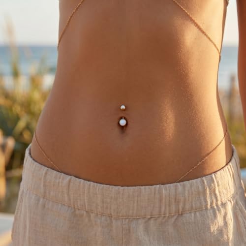 FIFTH CUE 14GA Surgical Steel & Synthetic Opal Resin Belly Button Ring, 3/8" Length, 5mm x 8mm Ball - Classic Look, Highly Rate Belly Rings for Women, Super High Quality - style: 2- Gold/Opal White