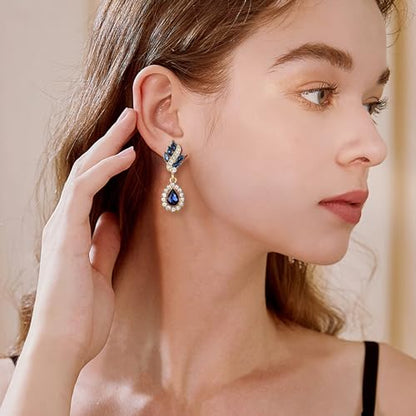EleQueen Women's Austrian Crystal Art Deco Tear Drop Dangle Earrings Clip-on - color: 01-Gold-tone Blue Color