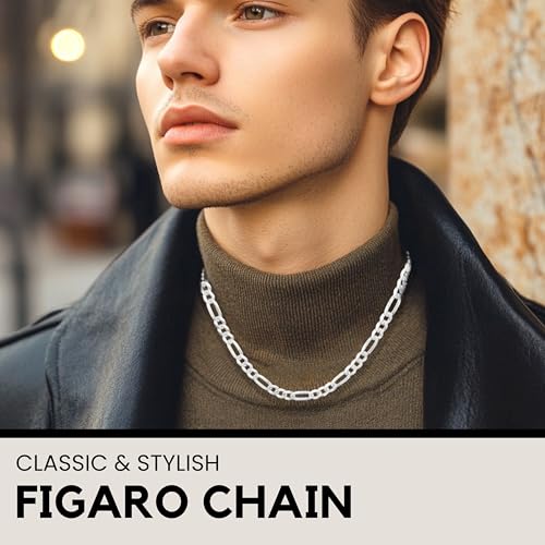 KISPER 925 Sterling Silver Figaro Chain Necklace for Men 5mm Made in Italy | 3+1 link pattern, 16-30 inches, anti-tarnish, solid build, hypoallergenic, secure lobster clasp