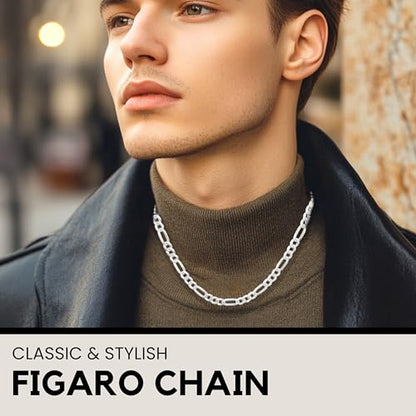 KISPER 925 Sterling Silver Figaro Chain Necklace for Men 5mm Made in Italy | 3+1 link pattern, 16-30 inches, anti-tarnish, solid build, hypoallergenic, secure lobster clasp