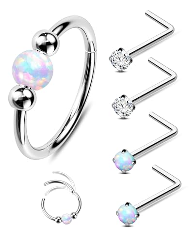 Jewseen 5Pcs Stainless Steel Nose Rings Hoops 20g Opal Nose Studs L Shaped Nose Rings Nose Piercing Jewelry Cartilage Hoop Helix Tragus Daith Earrings for Women - color: white
