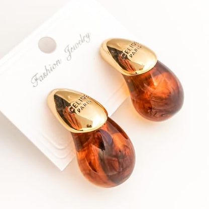 18k Gold Plated Teardrop Earrings, sterling silver post chunky resin and copper drop stud earrings, Hypoallergenic Earrings Jewelry Gift - color: Tan