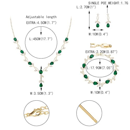 EVER FAITH Cubic Zirconia Pearl Leaf Bridal Jewelry Set for Bride Women | White Wedding Prom Necklace Dangle Earrings Bracelet, for Bridesmaid - color: CZ_Green Gold-Plated-Brass