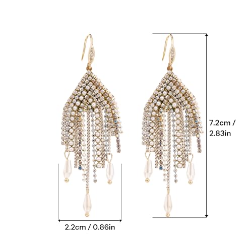 Fringe Dangling Tassel Earrings for Women, Handcrafted Chandelier Long Bohemian Beaded Cubic Zirconia Crystal Imitation Pearls Inlay Statement Boho Chain Hook Earrings for Wedding Party - color: White Gold Hook