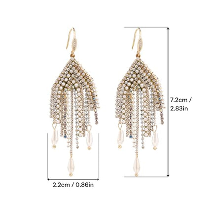 Fringe Dangling Tassel Earrings for Women, Handcrafted Chandelier Long Bohemian Beaded Cubic Zirconia Crystal Imitation Pearls Inlay Statement Boho Chain Hook Earrings for Wedding Party - color: White Gold Hook
