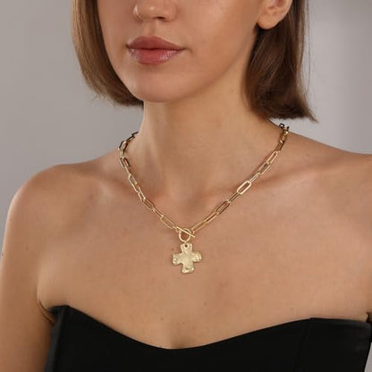 Bheop Chunky Cross Necklace for Women, 14K Gold Silver Statement Necklace | Sturdy Paperclip Chain, Hammered Pendant, Vintage Charm, Trendy Costume Jewelry, Faith Christian Religious Gift, Non Tarnish - style: GD-Toggle Necklace（1 inch Pendant)
