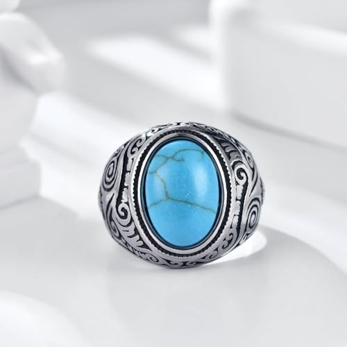 Retro Large Tiger Eye Stone Turquoise Wedding Ring For Men Classical Gothic Stainless Steel Rings - color: Silver-Turquoise2