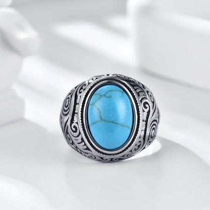 Retro Large Tiger Eye Stone Turquoise Wedding Ring For Men Classical Gothic Stainless Steel Rings - color: Silver-Turquoise2