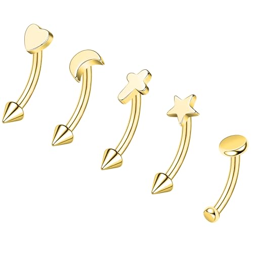 ZS 5Pcs Stainless Steel Eyebrow Rings, 16G Curved Belly Rings Navel Barbell Helix Daith Tragus Earrings Spike Vertical Labret Lip Piercing Jewelry - color: Gold,L:8mm