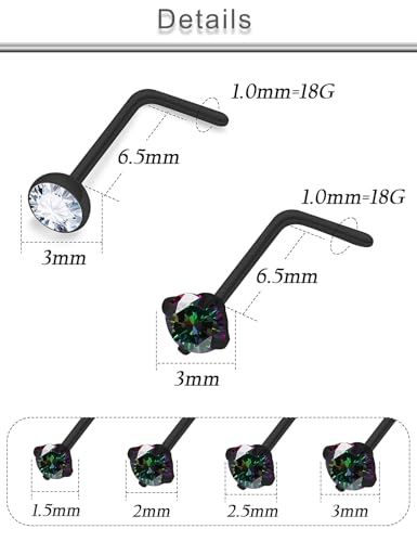 18G 20G 22G 24G Nose Rings Studs 316L Surgical Steel L Shaped Nose Nostril Studs Piercing Jewelry for Women Men Silver Gold Black CZ 1.5mm 2mm 2.5mm 3mm 3.5mm 4mm - style: Black-18G(1.0mm)-7mm Bars-1.5mm 2mm 2.5mm 3mmCZ