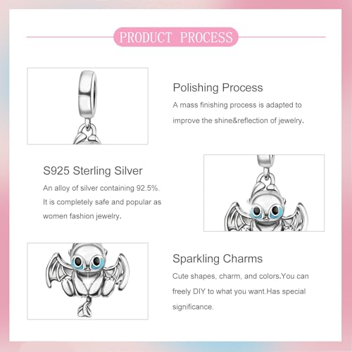 S925 Sterling Silver Cute Bead Charm for Pandora Bracelets and Necklaces | Lucky Clover Cute Animal Pink Bow Cherry Butterfly Pendant Bead Charms Jewelry Making Gifts for Women Valentines Mother's Day - style: Winged Dragon Charm