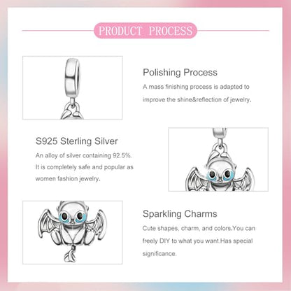 S925 Sterling Silver Cute Bead Charm for Pandora Bracelets and Necklaces | Lucky Clover Cute Animal Pink Bow Cherry Butterfly Pendant Bead Charms Jewelry Making Gifts for Women Valentines Mother's Day - style: Winged Dragon Charm