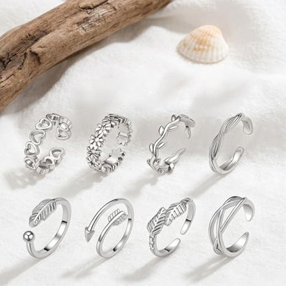 12 Pack Adjustable Toe Rings for Women, Plated Toe Ring Set, Summer Beach Open Toe Rings with Flower Arrow Tail Designs, Barefoot Foot Jewelry and Pinky Rings