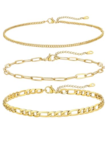 FOCALOOK Anklet Bracelets Set for Women, 14K Gold Plated Layered Anklet Set | Adjustable for Large Ankle, Cuban/Snake/Figaro/Paperclip Chain, Waterproof & Non Tarnish for Everyday Wear, Beach & Summer - color: C:3Pcs-Cuban/Paperclip/Figaro-Gold