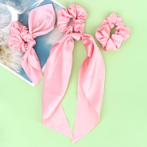 Silk Scrunchies Satin Silk Pink Elastic Hair Scrunchies Ties Bows Ribbon Accessories Knotted Bows for Women Girls Hair Valentine's Day Gifts - color: Pink
