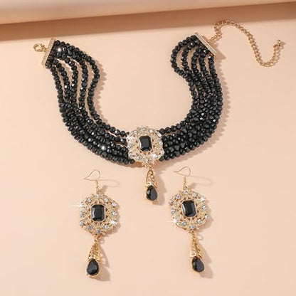 Missgrace Women Silver Black Green Red Rhinestone Crystal Tassels Bridal Necklace Earrings Sets Teardrop Necklace Dangle Earrings Set for Wedding Brides Bridesmaid - color: Black