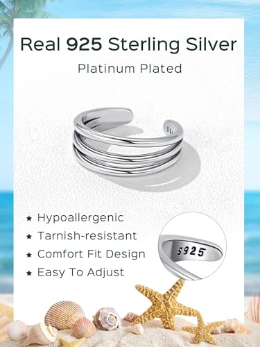 ChicSilver Toe Rings for Women 925 Sterling Silver Adjustable Toe Ring | 925 sterling silver, hypoallergenic for sensitive skin, adjustable open band, summer beach wear gift - color: C: 3 Row (1 pc)