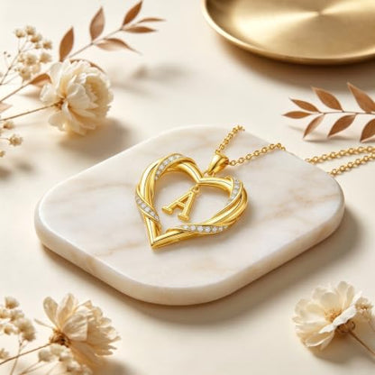 Midari 18K Gold Initial Letter Necklace for Women 18K Gold Initial Heart Capital Monogram Necklace for Mom Wife Alphabets from A-Z - color: A