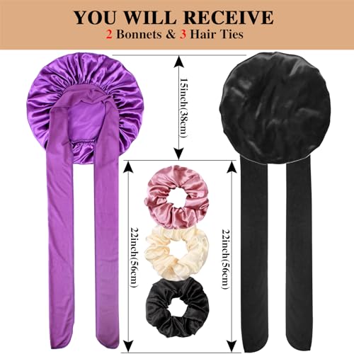 2+3 Large Satin Bonnets with Scrunchies for Women, Hair Bonnet Sleeping Tie Bonnet for Braids Curly Hair - color: E - Black, Purple