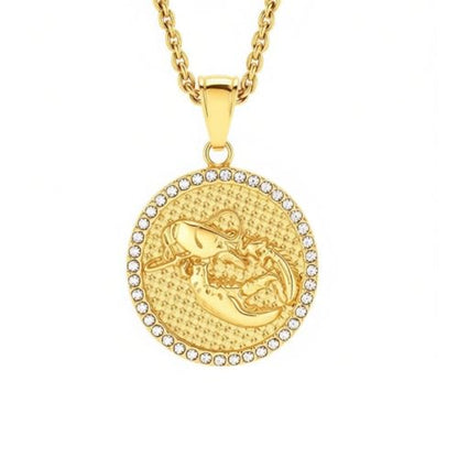 HIJONES Men's Women's Stainless Steel Zodiac Coin Embossed Necklace CZ Astrology Horoscope Pendant Necklace - color: Gold Cancer