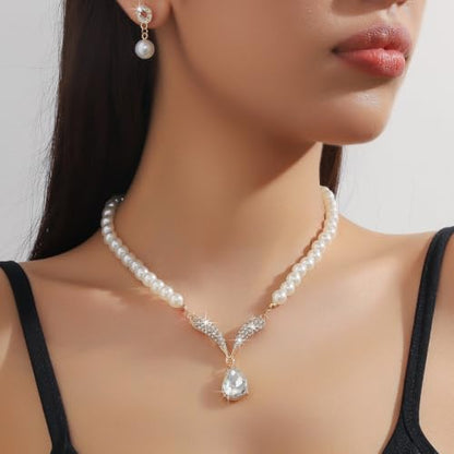 Pearl Necklace and Earring Set for Women,Pearl Jewelry Set Fake Pearls Necklace Imitation Beaded Collar de Perlas Para Mujer Necklaces for Prom Bridesmaid Costume Accessories - color: A-Gold