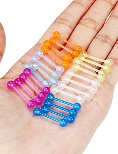 Oufksiyy 14G 16mm 14mm Glow in Dark Flexible Acrylic Straight Tongue Rings Plastic Nipple Ring Retainer Body Piercing Jewelry for Women Men 24PCS(12Pairs 14 Gauge Piercings - color: 14G-14mm(9/16INCH)-Barbell