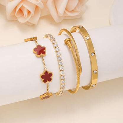 Gold Bracelets for Women, 18K Gold Plated Women Tennis Bracelets Clover Nail Love Bangle Bracelet Set, Gold Bracelet Stackable Set Trendy Jewelry, Gifts for Women's Day and Mother's Day - color: 05-Color-red