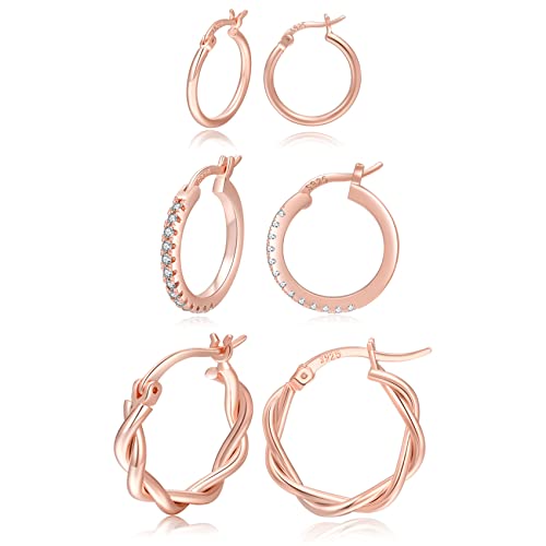 PABBEU 925 Sterling Silver Small Hoop Earrings Set for Women Hypoallergenic | 3Pairs Cubic Zirconia Small Huggie Hoop Earrings Set 13/15/20mm,Nickel-Free Lightweight Comfortable Sleeper Earrings Gift Set - color: 13/15/20mm HMT Rose Gold