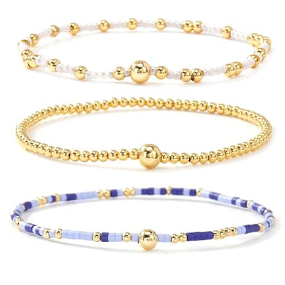 Gold Beaded Bracelet Stack for Women Colorful Small Seed Beads Bracelets Set Boho 14K Gold Plated Ball Stackable Stretch Non-Tarnish Dainty Jewelry Trendy Accessory Friendship Gift - color: blue and white
