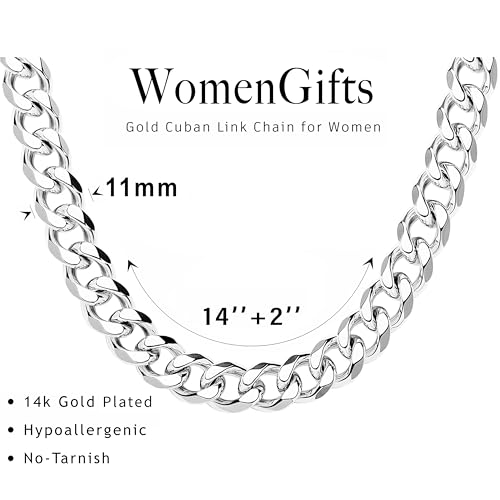 WomenGifts Cuban Link Chain Necklace for Women, Waterproof 14k Gold Silver Plated Chain Choker, Non Tarnish Stainless Steel Jewelry, 3.5/5/6/8/11mm,14/16/18 Inch Thin&Chunky&Thick - color: Silver, style: 11MM-14"