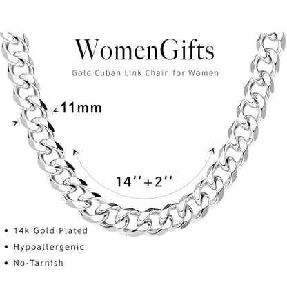 WomenGifts Cuban Link Chain Necklace for Women, Waterproof 14k Gold Silver Plated Chain Choker, Non Tarnish Stainless Steel Jewelry, 3.5/5/6/8/11mm,14/16/18 Inch Thin&Chunky&Thick - color: Silver, style: 11MM-14"