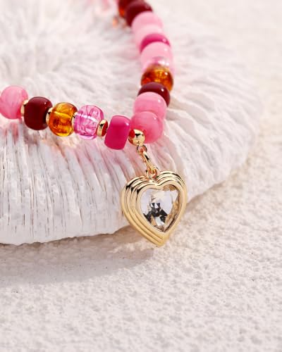 Boho Beaded Choker Necklaces for Women with A Gold Heart CZ - color: Pink