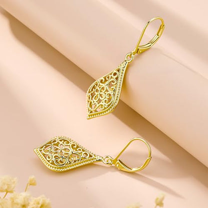 BOUTIQUELOVIN Filigree Dangle Earrings for Women Drop Earings | 14K Gold Plated Geometric Dangling Leverback Earrings Silver Hypoallergenic Dangly Earings Lightweight Daily Jewelry Gifts - color: C-14K Gold