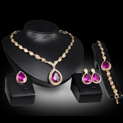 Womens Luxury Africa Dubai 18k Gold Plated Jewelry Sets Wedding Rhinestone Crystal Bib Statement Necklace Earrings Set for Brides Party Prom - color: Hot pink