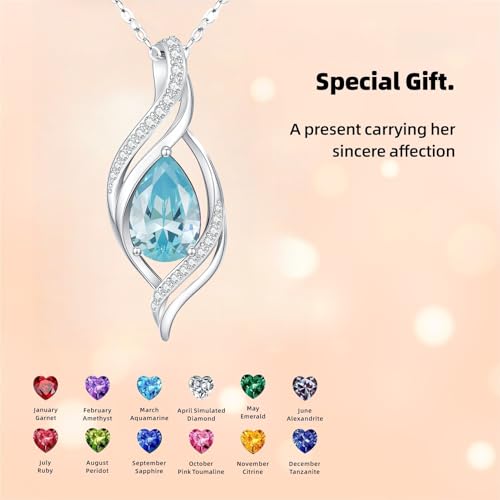 Birthstone Necklace for Women S925 Sterling Silver Teardrop | With Cubic Zirconia and Gemstones - Ideal Birthday Jewelry Gift for Her, Girlfriend, Wife, Mom on Birthday, Anniversary - color: 03 - Aquamarine