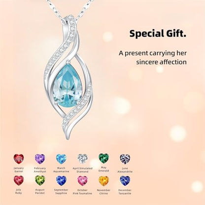 Birthstone Necklace for Women S925 Sterling Silver Teardrop | With Cubic Zirconia and Gemstones - Ideal Birthday Jewelry Gift for Her, Girlfriend, Wife, Mom on Birthday, Anniversary - color: 03 - Aquamarine