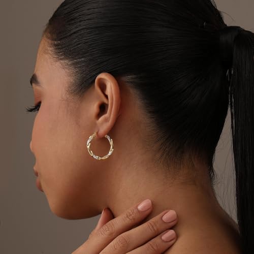 LeCalla Real 925 Sterling Silver Textured Two-Tone Three-Tone 14K Gold Plated Lightweight Italian Design Hoop Earrings for Women Diameter 25,30,40,45,50mm - color: Textured Small-25mm