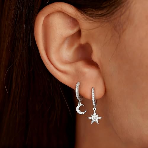 LOVECOM 925 Sterling Silver Heart Dangle Earrings for Women 14K Gold Plated Dainty CZ Love Hearts Charm Huggie Hoop Earrings to Daughter Birthday Wedding Graduation Gifts Jewelry Gifts - color: Style 4-Silver