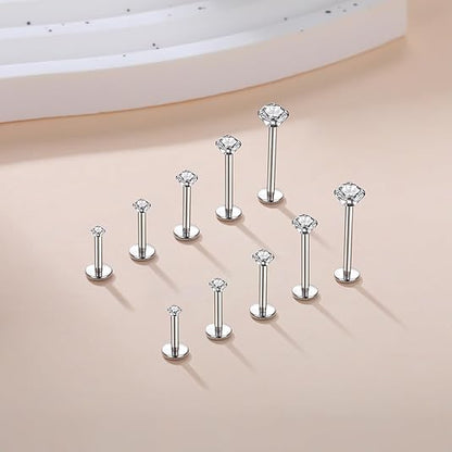 Aumeo 20G 18G 16G Threadless Push in Nose Rings Studs Surgical Steel Labret Jewelry Monroe Lip Rings Studs Medusa Ashley Piercing Jewelry for Women - color: Silver, size: 16g*6/7/8/10/12mm+grabber tool