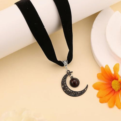 Gothic Black Velvet Goth Choker Necklace for Women,Cameo Black Choker Crow Skull Pendant Necklace Vintage Collar Skull Necklace Gothic Jewelry - style: Red moon