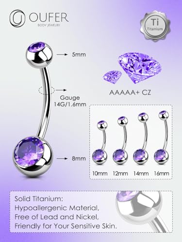 OUFER Titanium Belly Button Rings, Internally Threaded Belly Ring, Round CZ Navel Rings for Women Men - color: Purple, size: 1.6*12MM