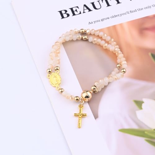 GAUEIOUR Catholic Rosary Beaded Bracelet for Women,Christian Prayer Beads with Alloy Cross & Virgin Mary Charm,Religious Faith Jewelry