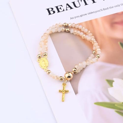 GAUEIOUR Catholic Rosary Beaded Bracelet for Women,Christian Prayer Beads with Alloy Cross & Virgin Mary Charm,Religious Faith Jewelry