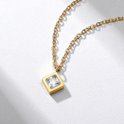 Dainty 316L Stainless Steel Square Necklace for Women Trendy, Cubic Zirconia Square Pendant Necklace Jewelry - color: Original SS