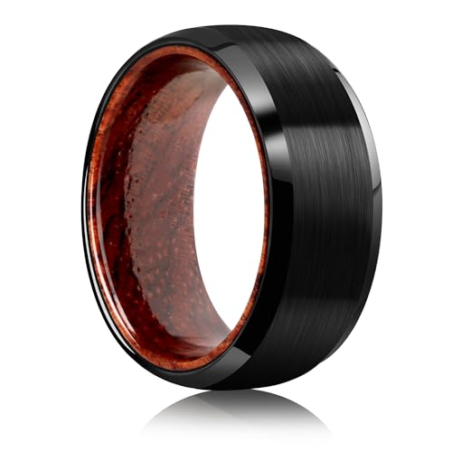 Tungsten Rings for Men Womens 8mm Black Silver Fashion Promise Wedding Band Carbide Inner Hole Inlaid Whiskey Barrel Wood Chamfer Frosted Matte Finish Edge Comfort Fit size 7-12 - color: black Rosewood guide angle