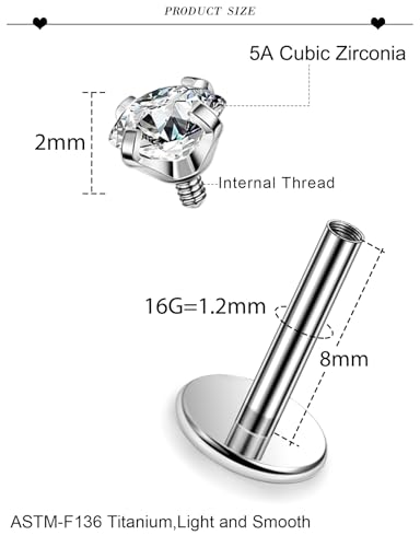 16G ASTM F136 Titanium Surgical Steel Internal Thread Flat Back Studs Earrings Lip Rings Labret Medusa Helix Tragus Cartilage Earring stud Piercing Jewelry for Women Men Silver Black Gold - style: 16g/2mm Clear cz/Titanium 8mm