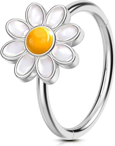 OUFER Nose Rings Hoops, 316L Surgical Steel Hinged Segment Nose Rings 20G, Silver Gold Nose Rings with Cute Daisy Design, Nose Nostril Piercing Jewelry for Women and Men - color: Silver